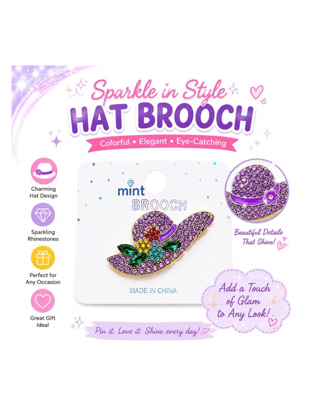 SPARKLE IN STYLE PURPLE EMBELLISHED HAT BROOCH